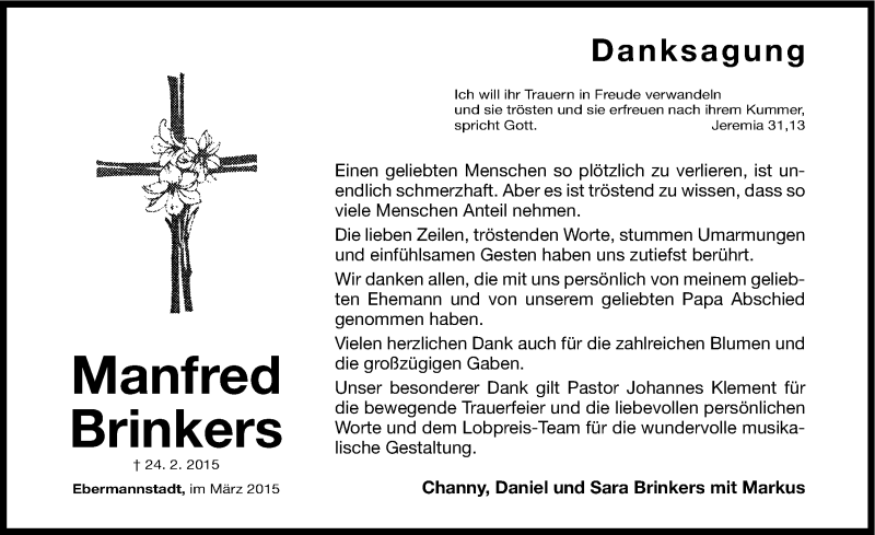  Traueranzeige für Manfred Brinkers vom 14.03.2015 aus Nordbayerische Nachrichten Forchheim Lokal