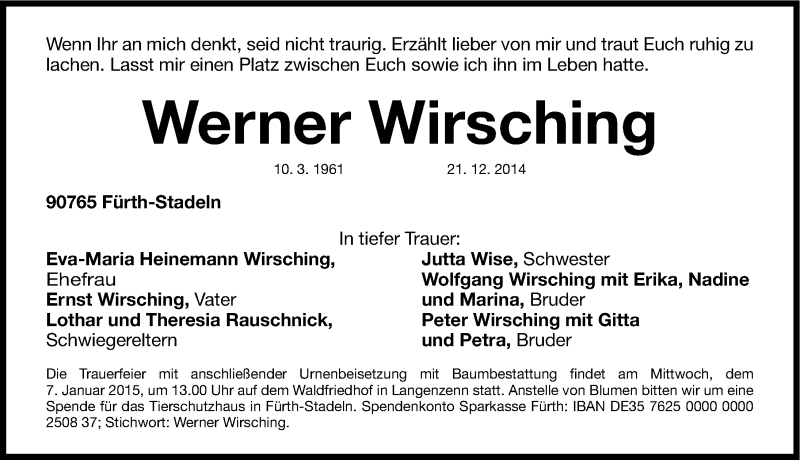  Traueranzeige für Werner Wirsching vom 27.12.2014 aus Fürther Nachrichten Lokal