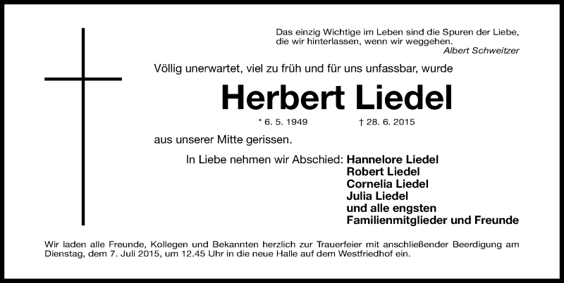  Traueranzeige für Herbert Liedel vom 04.07.2015 aus Gesamtausgabe Nürnberger Nachrichten/ Nürnberger Ztg.