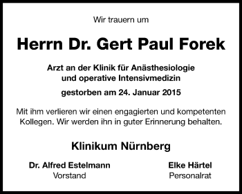 Traueranzeige von Gert Paul Forek von Gesamtausgabe Nürnberger Nachrichten/ Nürnberger Ztg.