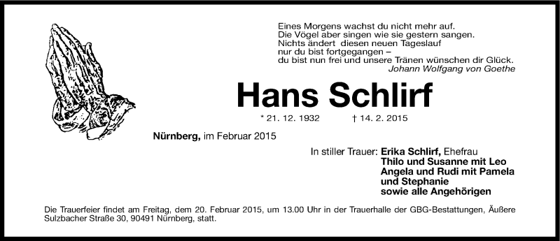  Traueranzeige für Hans Schlirf vom 18.02.2015 aus Gesamtausgabe Nürnberger Nachrichten/ Nürnberger Ztg.