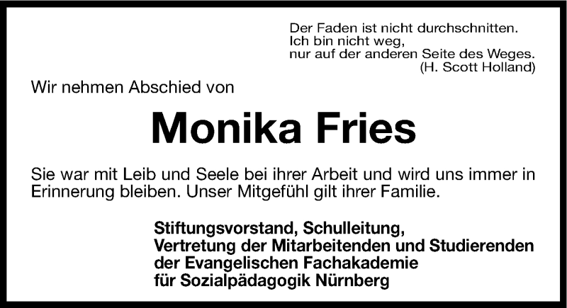  Traueranzeige für Monika Fries vom 20.05.2015 aus Gesamtausgabe Nürnberger Nachrichten/ Nürnberger Ztg.