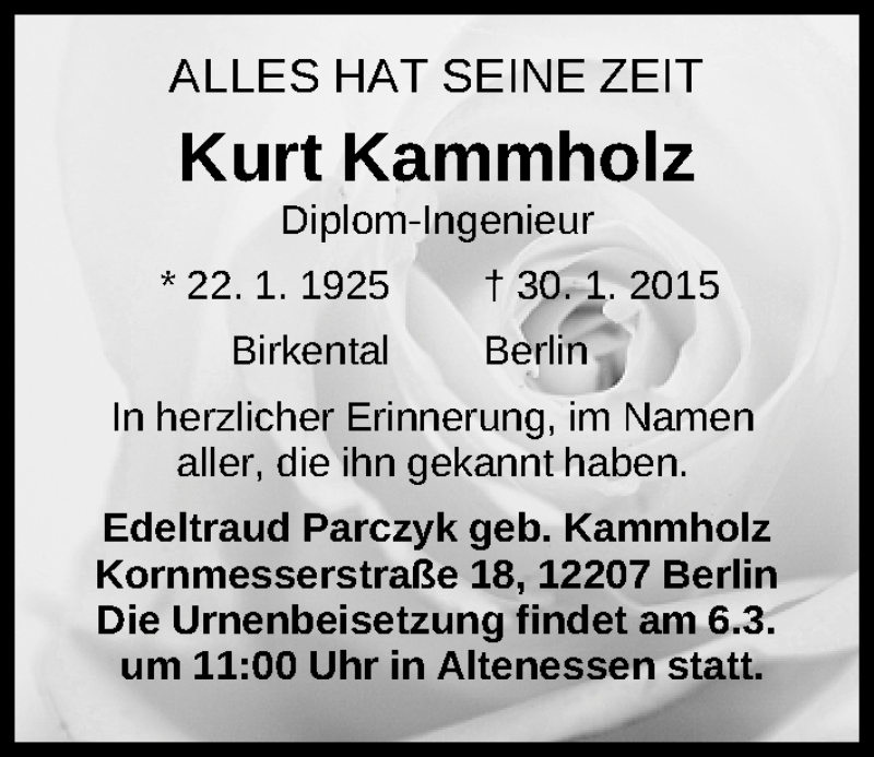  Traueranzeige für Kurt Kammholz vom 14.02.2015 aus Erlanger Nachrichten Lokal