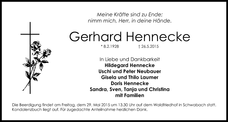  Traueranzeige für Gerhard Hennecke vom 28.05.2015 aus Schwabach