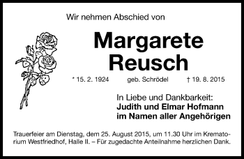 Traueranzeige von Margarete Reusch von Gesamtausgabe Nürnberger Nachrichten/ Nürnberger Ztg.