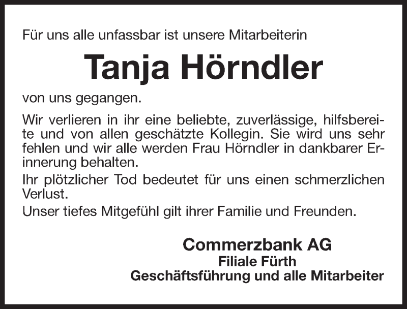  Traueranzeige für Tanja Hörndler vom 17.09.2015 aus Schwabach
