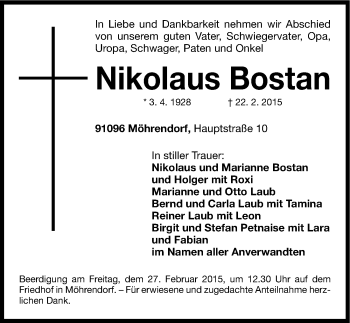 Traueranzeige von Nikolaus Bostan von Erlanger Nachrichten Lokal