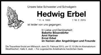 Traueranzeige von Hedwig Erbel von Gesamtausgabe Nürnberger Nachrichten/ Nürnberger Ztg.