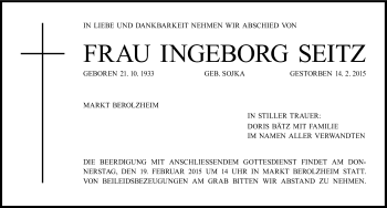 Traueranzeige von Ingeborg Seitz von Altmühl-Bote Lokal