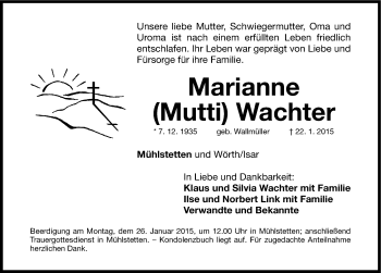 Traueranzeige von Marianne Wachter von Roth-Hilpoltsteiner Volkszeitung Lokal