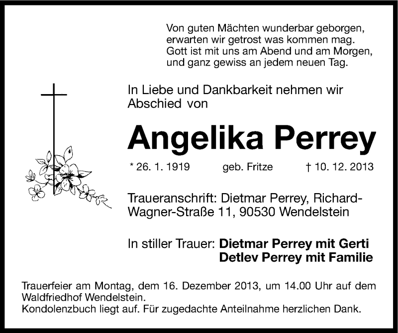  Traueranzeige für Angelika Perrey vom 13.12.2013 aus Gesamtausgabe Nürnberger Nachrichten/ Nürnberger Ztg.