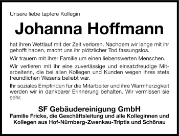 Traueranzeige von Johanna Hoffmann von Nürnberger Zeitung