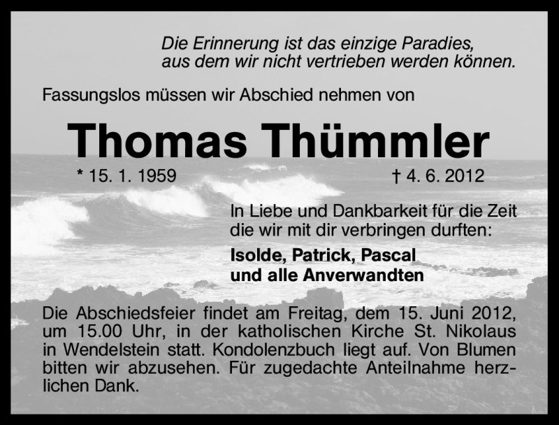  Traueranzeige für Thomas Thümmler vom 13.06.2012 aus Schwabach 