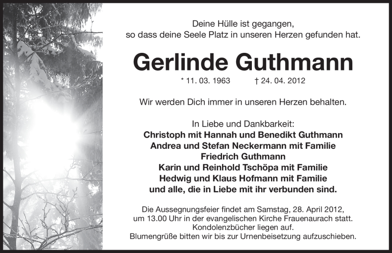  Traueranzeige für Gerlinde Guthmann vom 27.04.2012 aus Schwabach