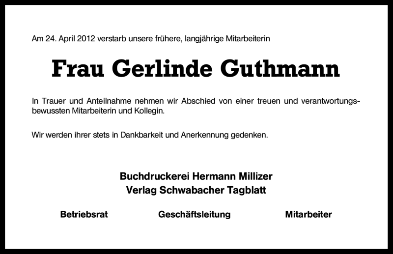  Traueranzeige für Gerlinde Guthmann vom 27.04.2012 aus Schwabach