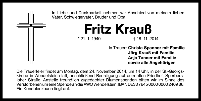  Traueranzeige für Fritz Krauß vom 22.11.2014 aus Schwabacher Tagblatt
