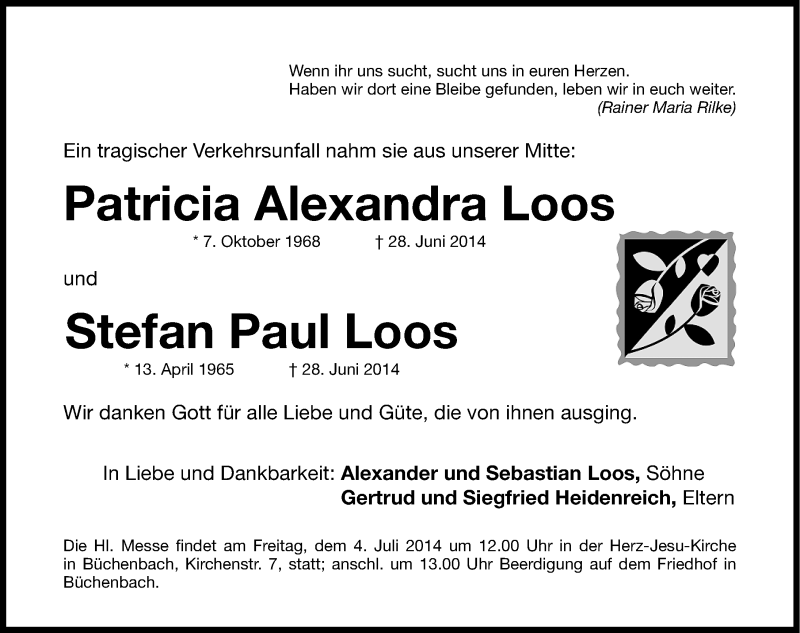  Traueranzeige für Patricia Alexandra Loos vom 03.07.2014 aus Roth-Hilpoltsteiner Volkszeitung Lokal