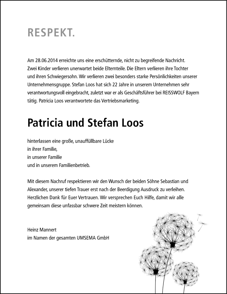  Traueranzeige für Patricia Alexandra Loos vom 12.07.2014 aus Gesamtausgabe Nürnberger Nachrichten/Nürnberger Ztg.