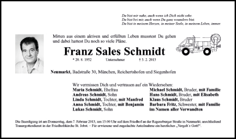  Traueranzeige für Franz-Sales Schmidt vom 11.02.2013 aus Nürnberger Zeitung