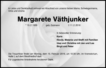 Traueranzeige von Margarete Väthjunker von Schwabach