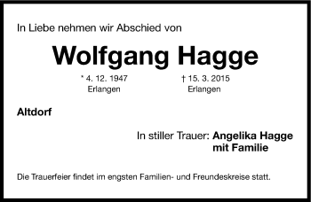 Traueranzeige von Wolfgang Hagge von Gesamtausgabe Nürnberger Nachrichten/ Nürnberger Ztg.