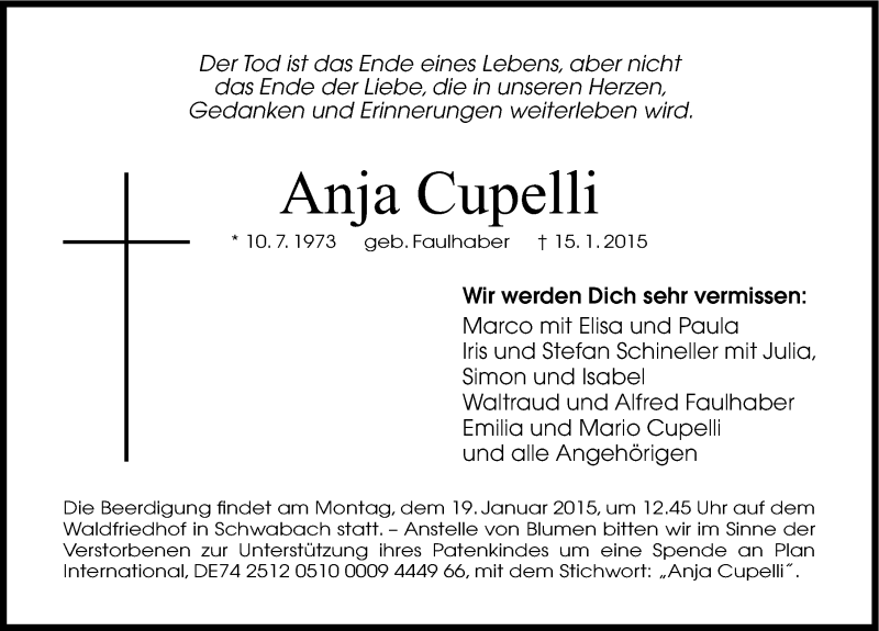  Traueranzeige für Anja Cupelli vom 17.01.2015 aus Gesamtausgabe Nürnberger Nachrichten/ Nürnberger Ztg.