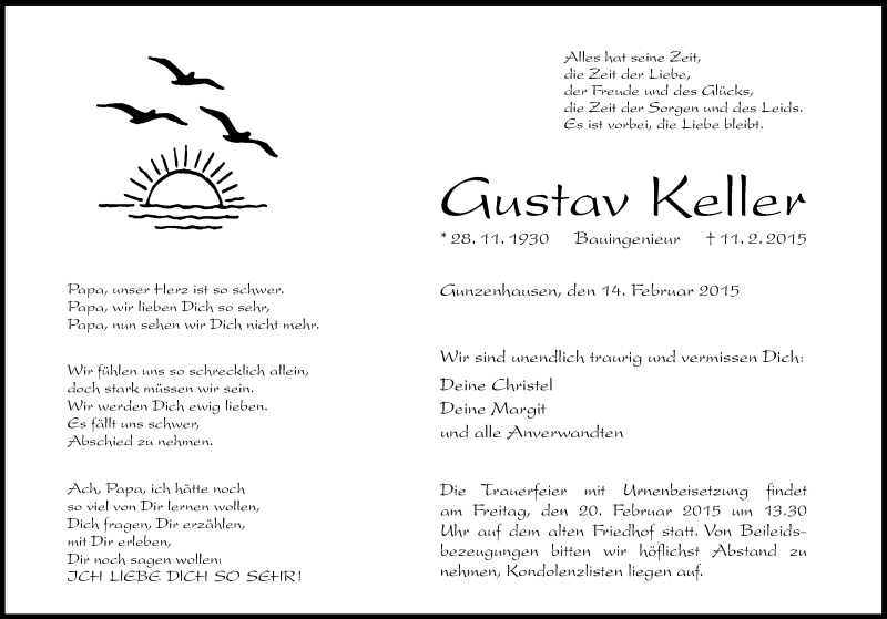  Traueranzeige für Gustav Keller vom 14.02.2015 aus Altmühl-Bote Lokal