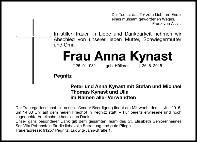  Traueranzeige für Anna Kynast vom 29.06.2015 aus Nordbayerische Nachrichten Pegnitz Lokal