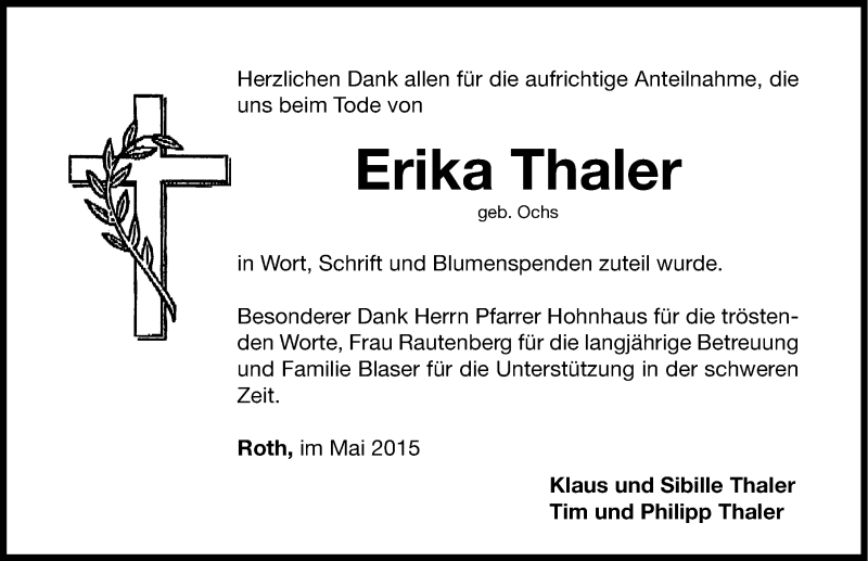  Traueranzeige für Erika Thaler vom 16.05.2015 aus Roth-Hilpoltsteiner Volkszeitung Lokal