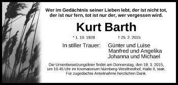 Traueranzeige von Kurt Barth von Gesamtausgabe Nürnberger Nachrichten/ Nürnberger Ztg.
