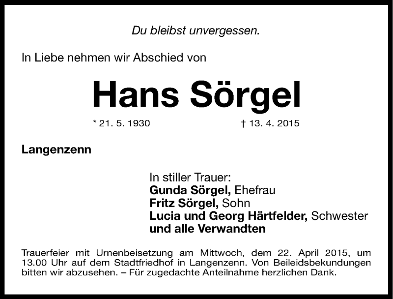 Traueranzeige für Hans Sörgel vom 18.04.2015 aus Fürther Nachrichten Lokal