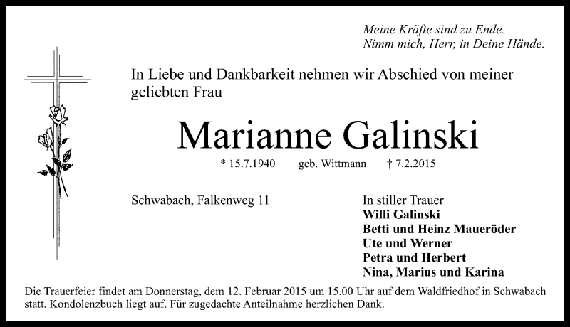  Traueranzeige für Marianne Galinski vom 11.02.2015 aus Schwabach