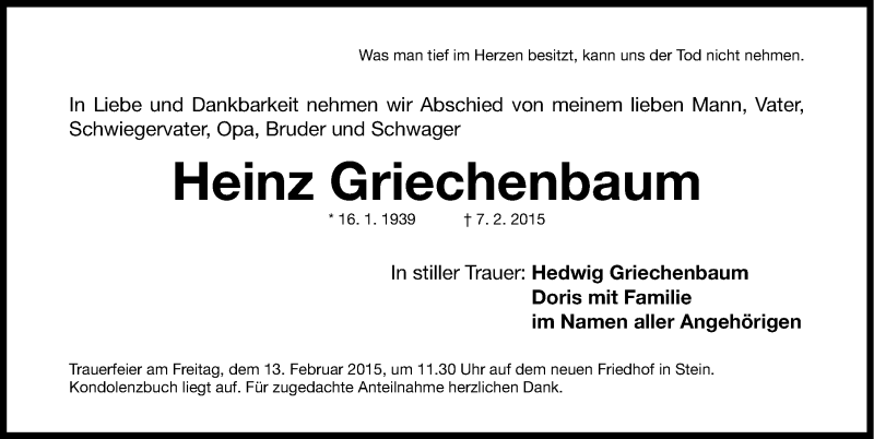  Traueranzeige für Heinz Griechenbaum vom 11.02.2015 aus Gesamtausgabe Nürnberger Nachrichten/ Nürnberger Ztg.