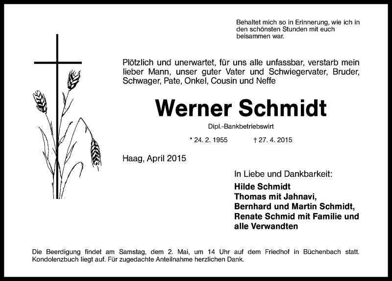  Traueranzeige für Werner Schmidt vom 01.05.2015 aus Schwabach