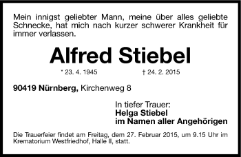 Traueranzeige von Alfred Stiebel von Gesamtausgabe Nürnberger Nachrichten/ Nürnberger Ztg.
