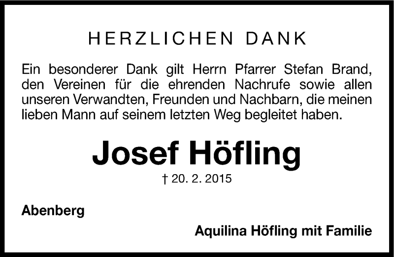  Traueranzeige für Josef Höfling vom 07.03.2015 aus Roth-Hilpoltsteiner Volkszeitung Lokal