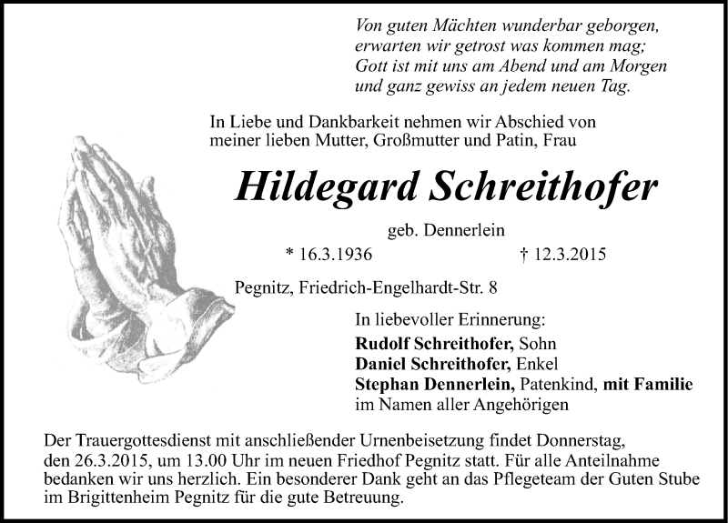  Traueranzeige für Hildegard Schreithofer vom 24.03.2015 aus Nordbayerische Nachrichten Pegnitz Lokal