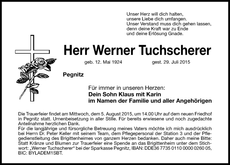  Traueranzeige für Werner Tuchscherer vom 01.08.2015 aus Nordbayerische Nachrichten Pegnitz Lokal