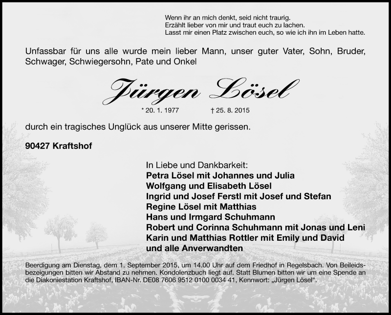  Traueranzeige für Jürgen Lösel vom 29.08.2015 aus Gesamtausgabe Nürnberger Nachrichten/ Nürnberger Ztg.