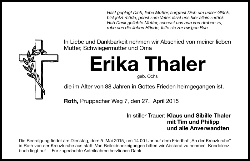  Traueranzeige für Erika Thaler vom 01.05.2015 aus Roth-Hilpoltsteiner Volkszeitung Lokal