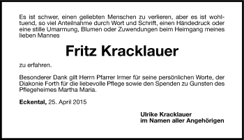 Traueranzeige von Fritz Kracklauer von Erlanger Nachrichten Lokal