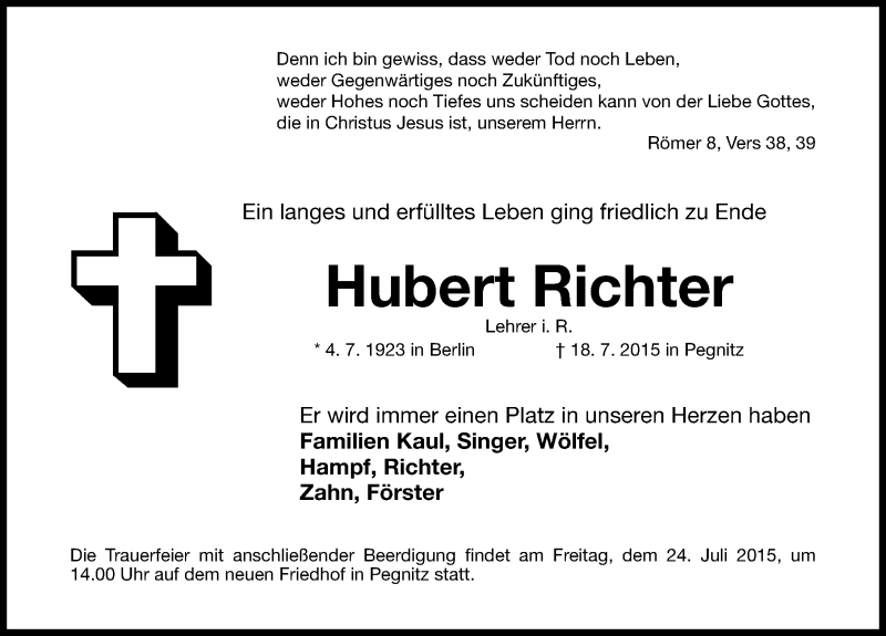  Traueranzeige für Hubert Richter vom 21.07.2015 aus Nordbayerische Nachrichten Pegnitz Lokal
