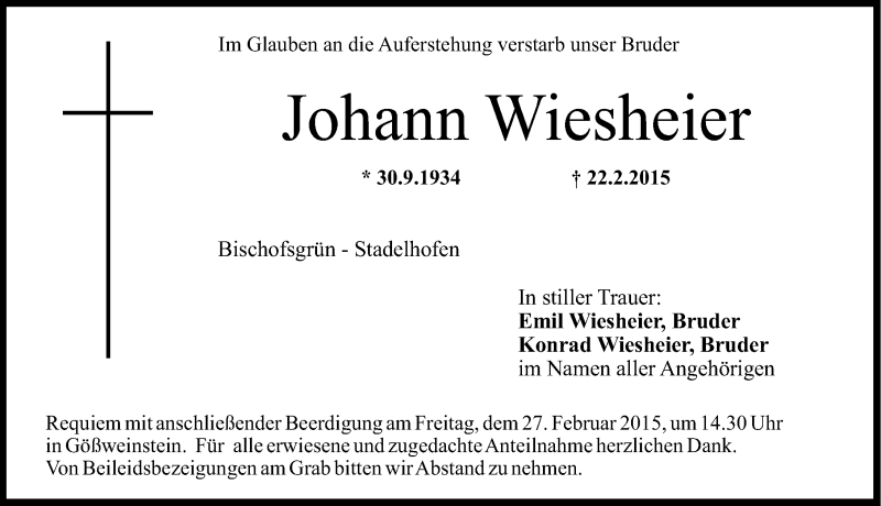  Traueranzeige für Johann Wiesheier vom 25.02.2015 aus Nordbayerische Nachrichten Forchheim Lokal