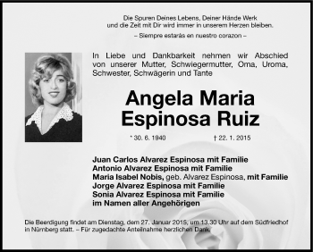 Traueranzeige von Angela Maria Espinosa Ruiz  von Gesamtausgabe Nürnberger Nachrichten/ Nürnberger Ztg.