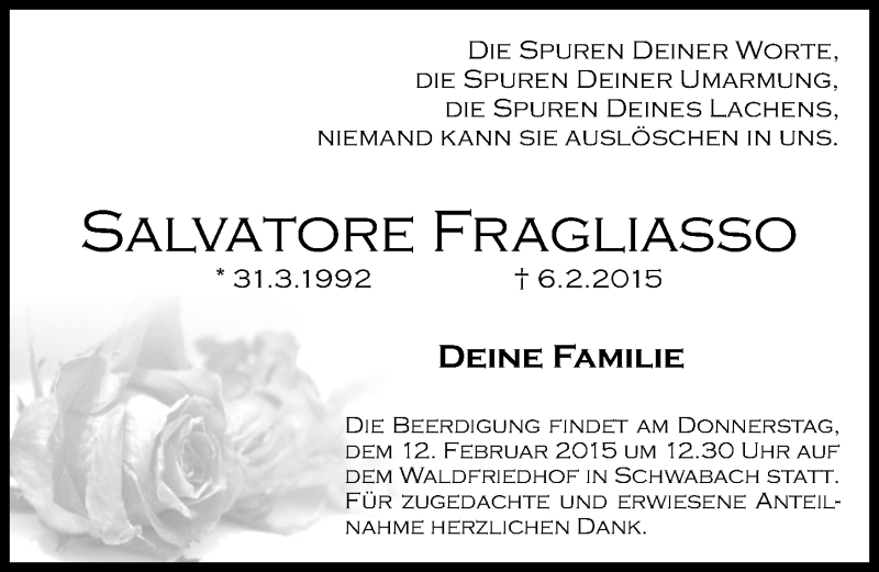  Traueranzeige für Salvatore Fragliasso vom 09.02.2015 aus Schwabach