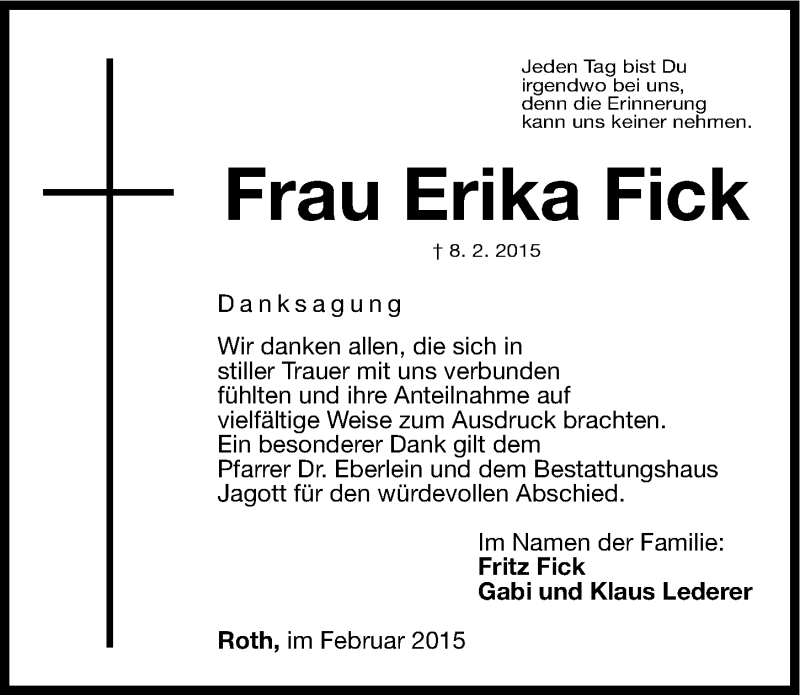  Traueranzeige für Erika Fick vom 21.02.2015 aus Roth-Hilpoltsteiner Volkszeitung Lokal