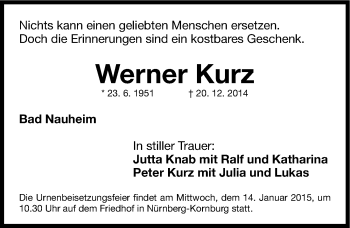 Traueranzeige von Werner Kurz von Gesamtausgabe Nürnberger Nachrichten/ Nürnberger Ztg.