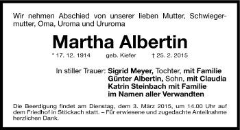 Traueranzeige von Martha Albertin von Gesamtausgabe Nürnberger Nachrichten/ Nürnberger Ztg.
