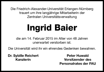Traueranzeige von Ingrid Baier von Erlanger Nachrichten Lokal