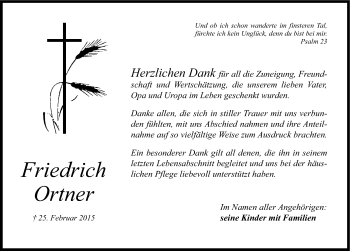 Traueranzeige von Friedrich Ortner von Altmühl-Bote Lokal